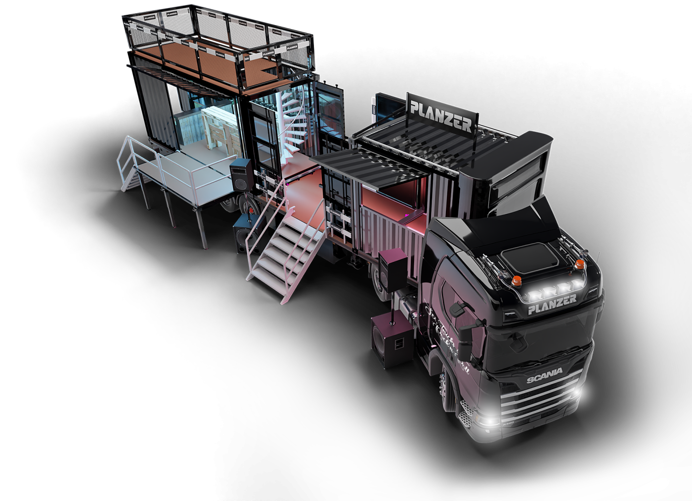 Planzer Event-Truck mit aufgebauter Bar und Dachterrasse, ausgestattet für mobile Veranstaltungen und Roadshow Marketing